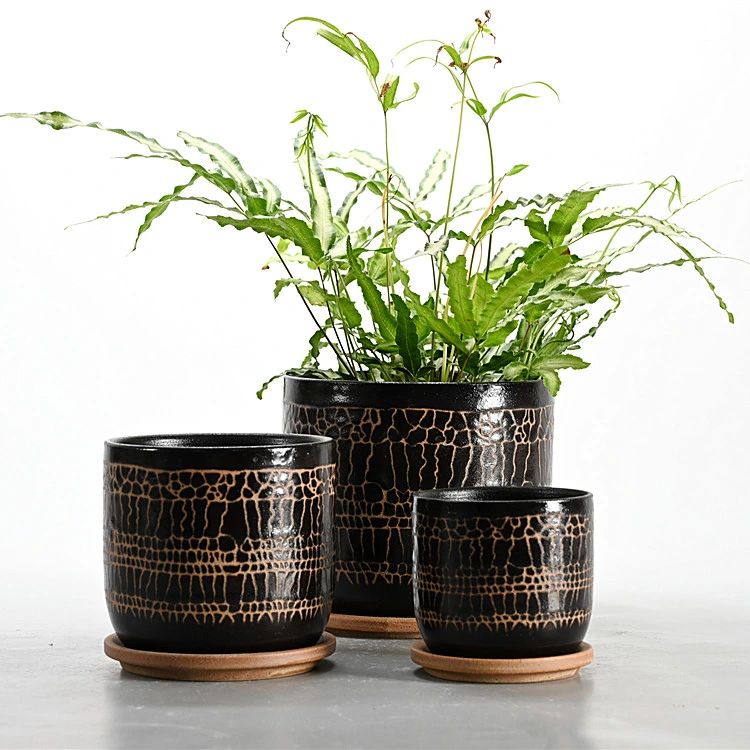 Classic Indoor Ceramic Planter Pot Modern Plant Pots with Wooden Stand